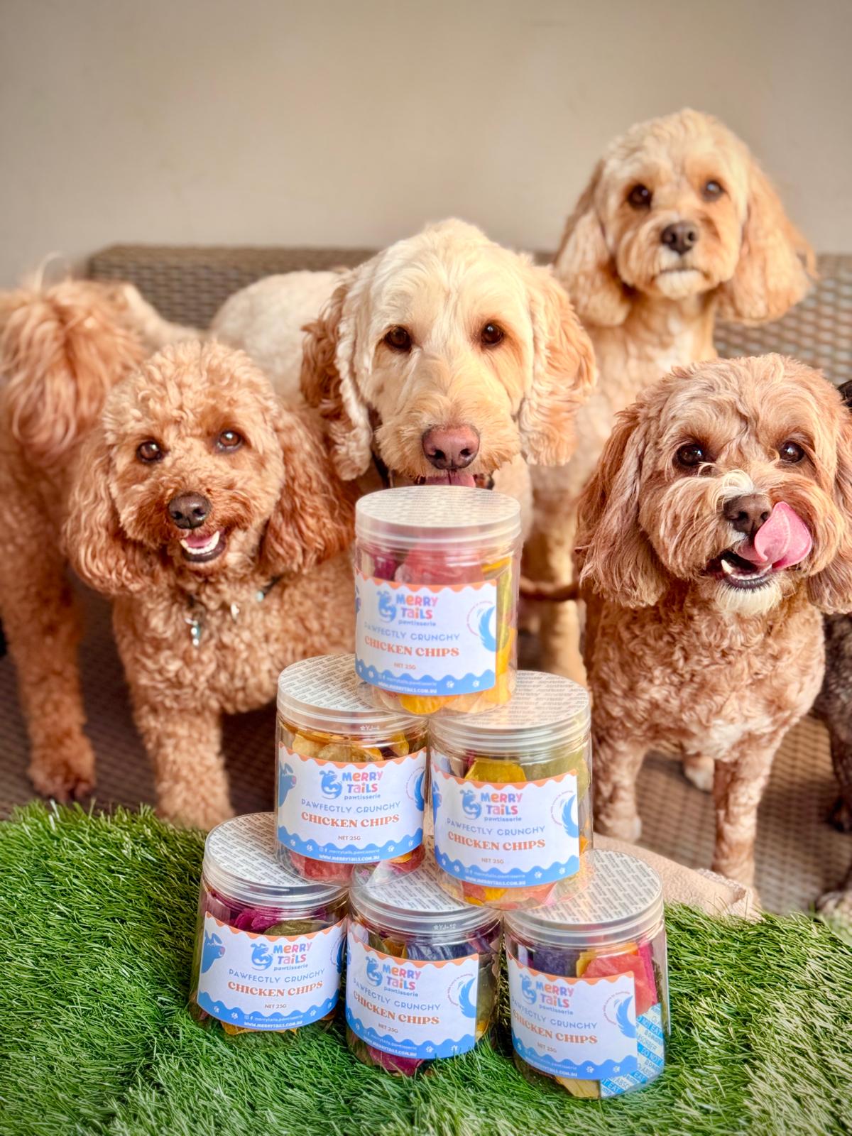 4 dogs looking excitedly at Merry Tails Pawfectly Crunchy Chicken Chips with one dog licking its face.
