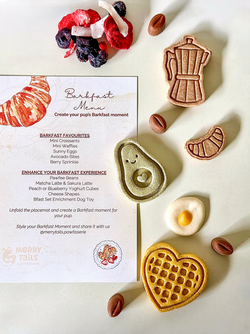 Pawfee Beans with handcrafted moka pot biscuit alongside Barkfast favourites, creating a café-inspired breakfast experience for dogs.