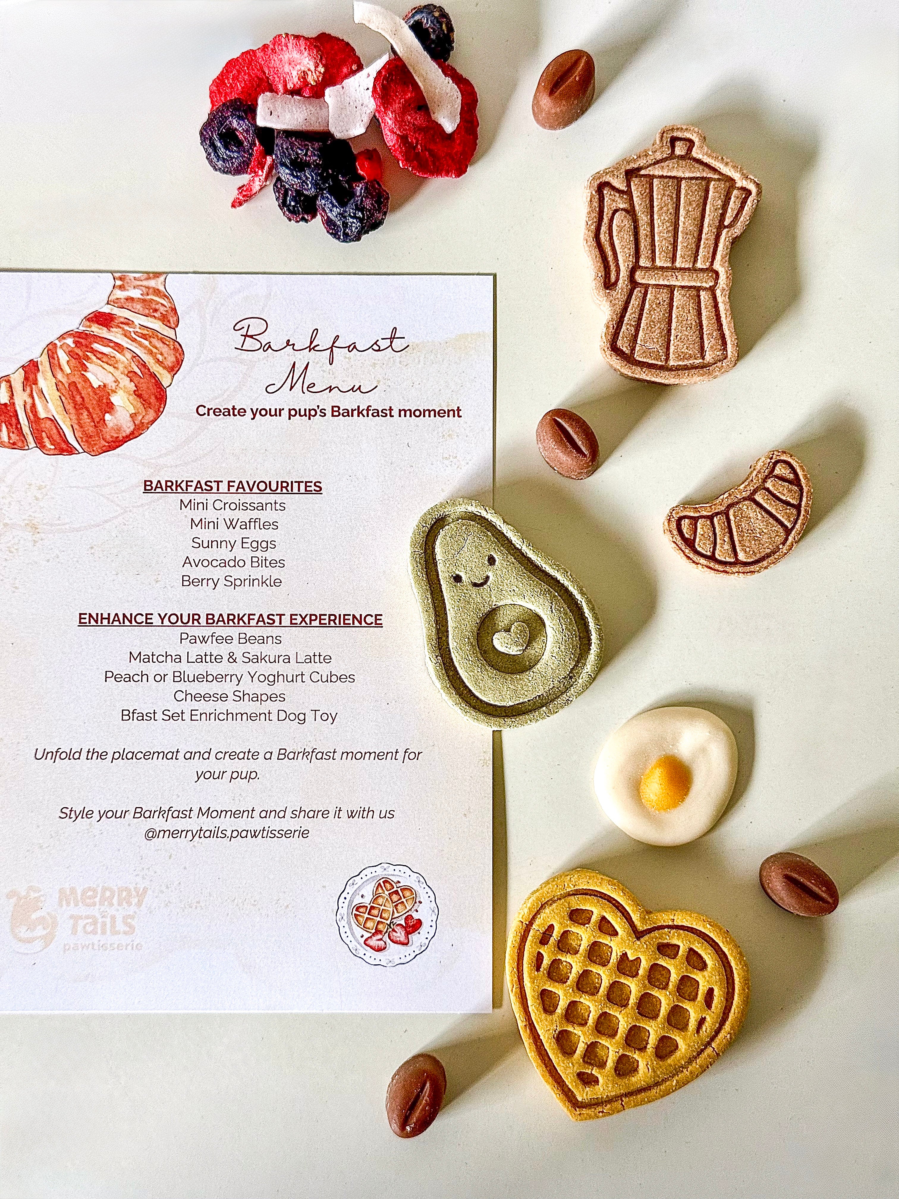 Pawfee Beans with handcrafted moka pot biscuit alongside Barkfast favourites, creating a café-inspired breakfast experience for dogs.