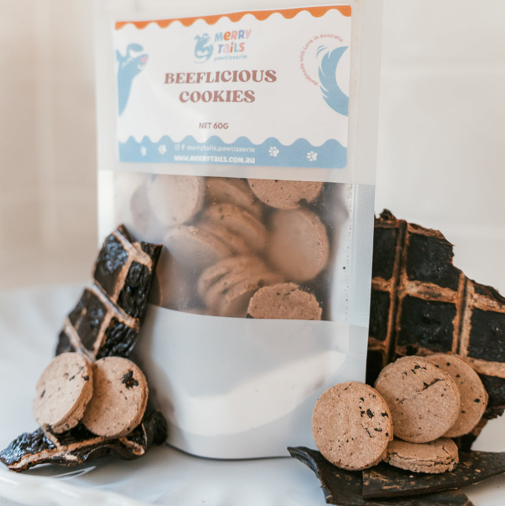 Handmade beef dog cookies styled with all-natural ingredients