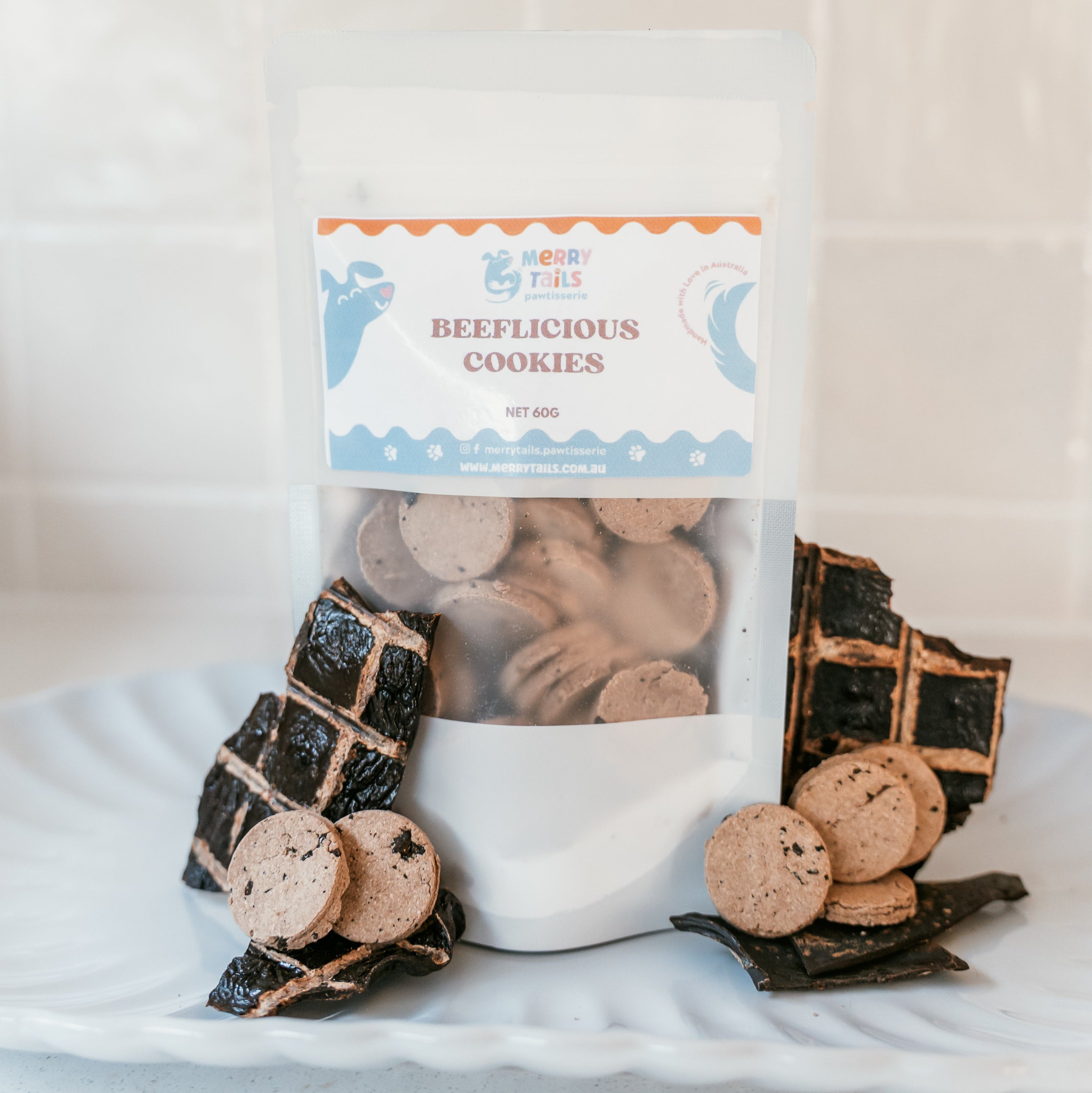 Beeflicious dog cookies by Merry Tails Pawtisserie made with real beef and beef liver