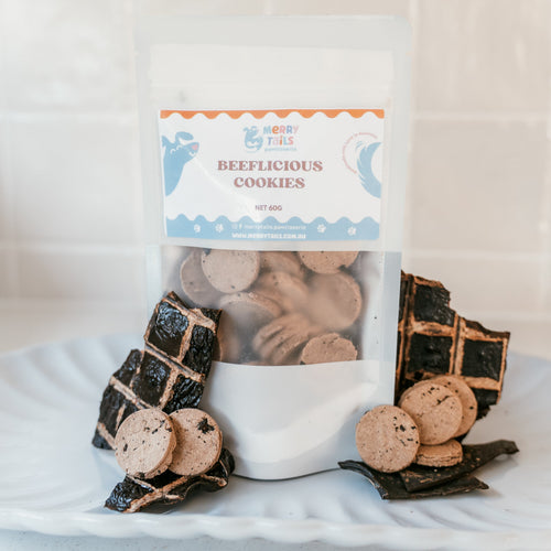 Beeflicious dog cookies by Merry Tails Pawtisserie made with real beef and beef liver