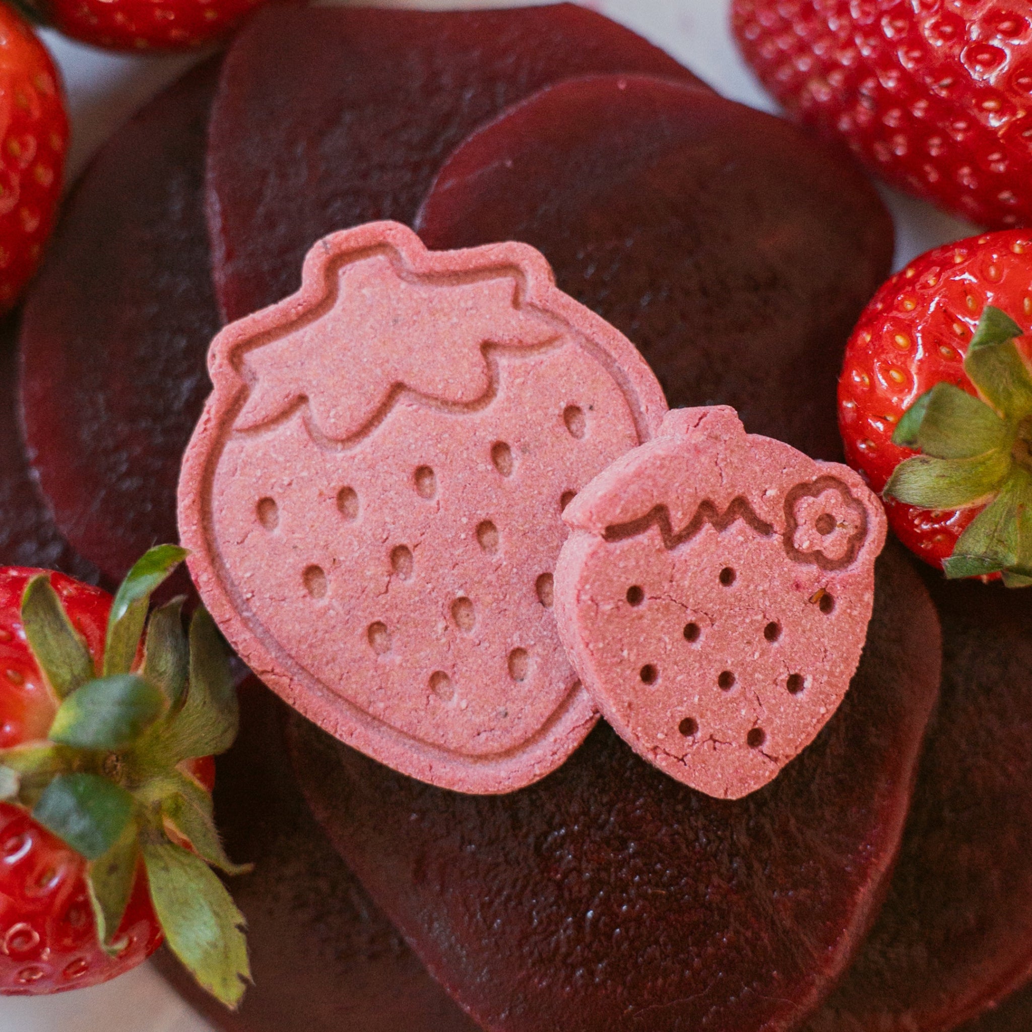 Close-up of Berry Beet Bites showing biscuit texture and strawberry detail