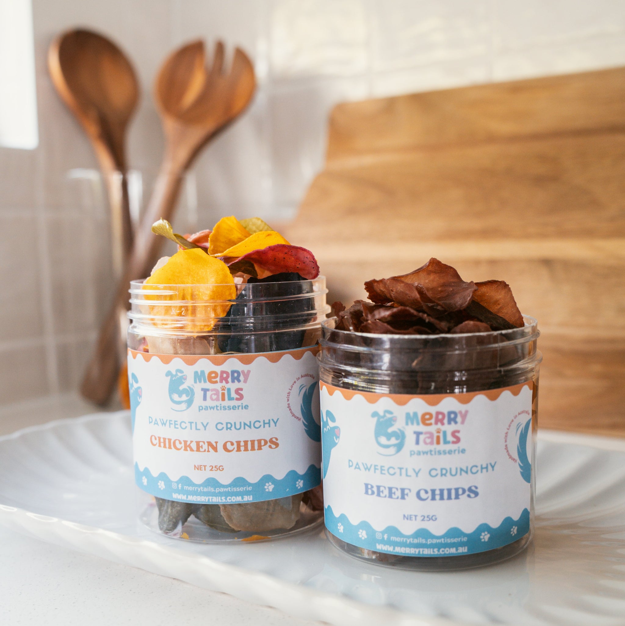 Chicken and beef crunchy dog chips styled in a warm kitchen scene for everyday treating moments