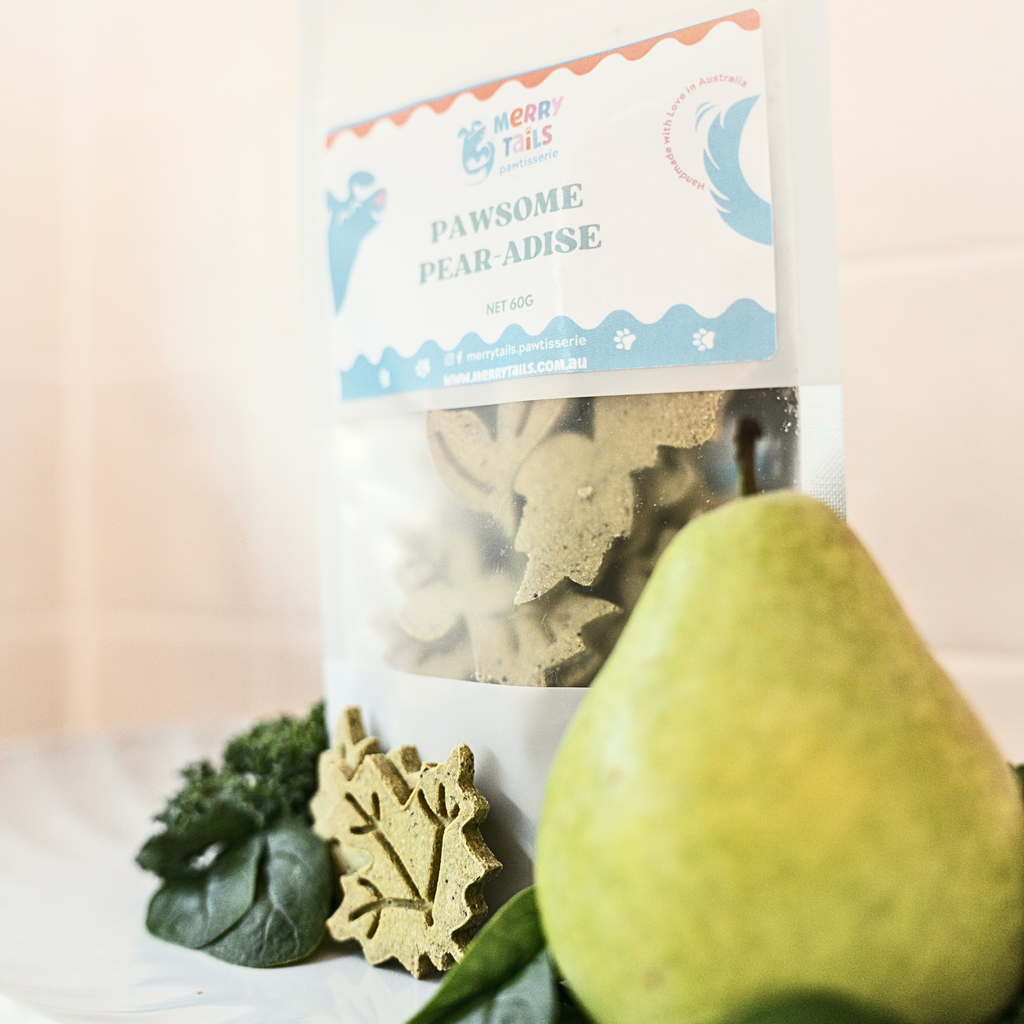Pawsome Pear-adise dog biscuits by Merry Tails Pawtisserie with fresh pear and leafy greens