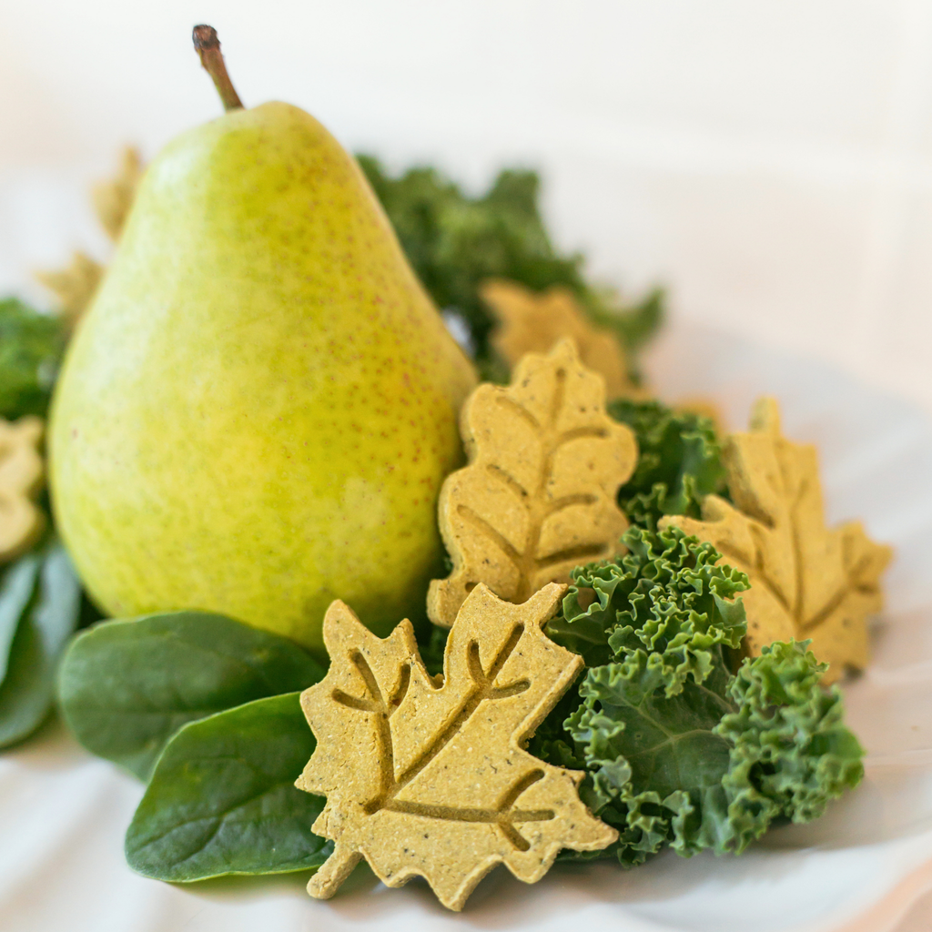 Close-up of leaf-shaped pear handmade dog treats with kale and spinach ingredients
