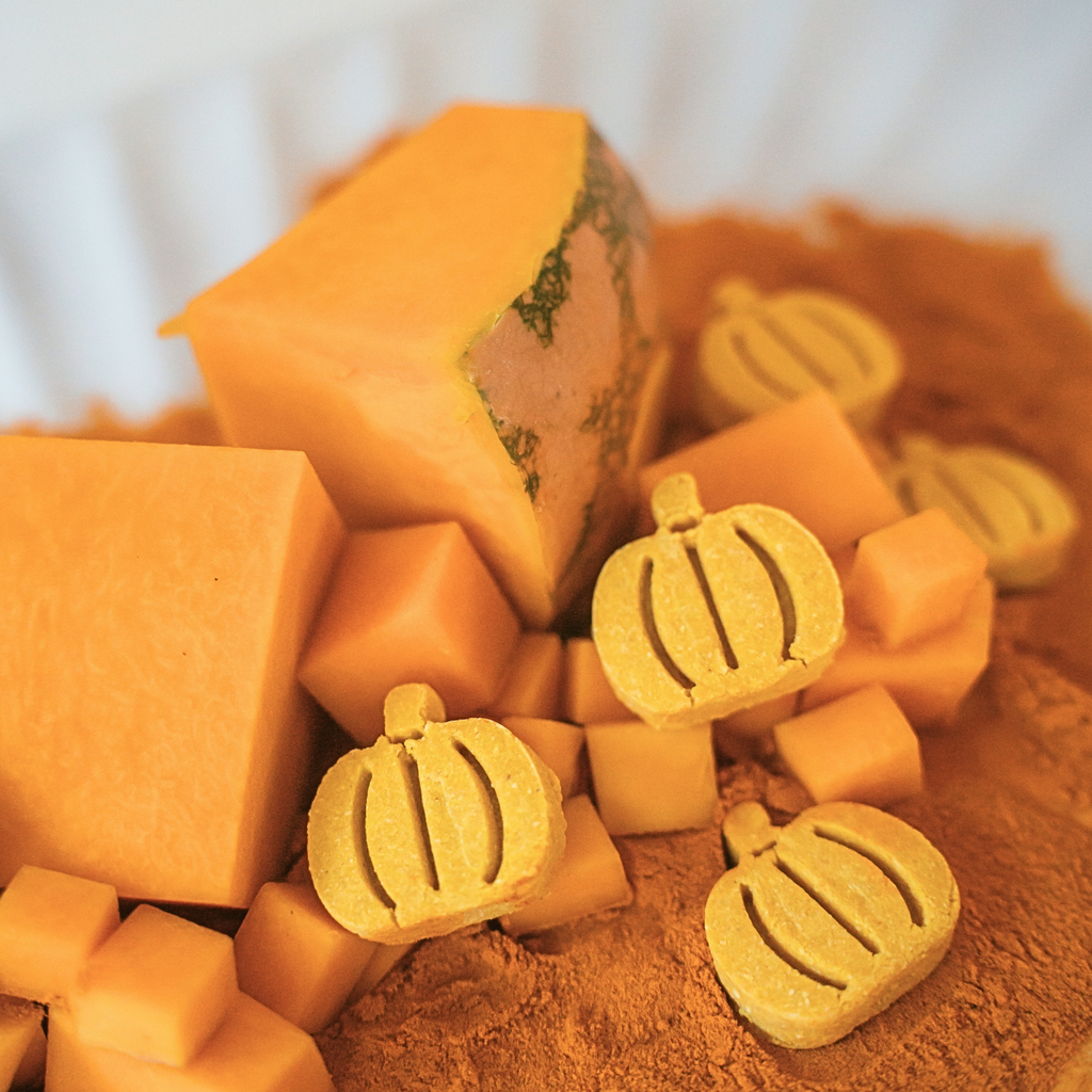 Close up texture of handcrafted all-natural pumpkin dog biscuits and its ingredients