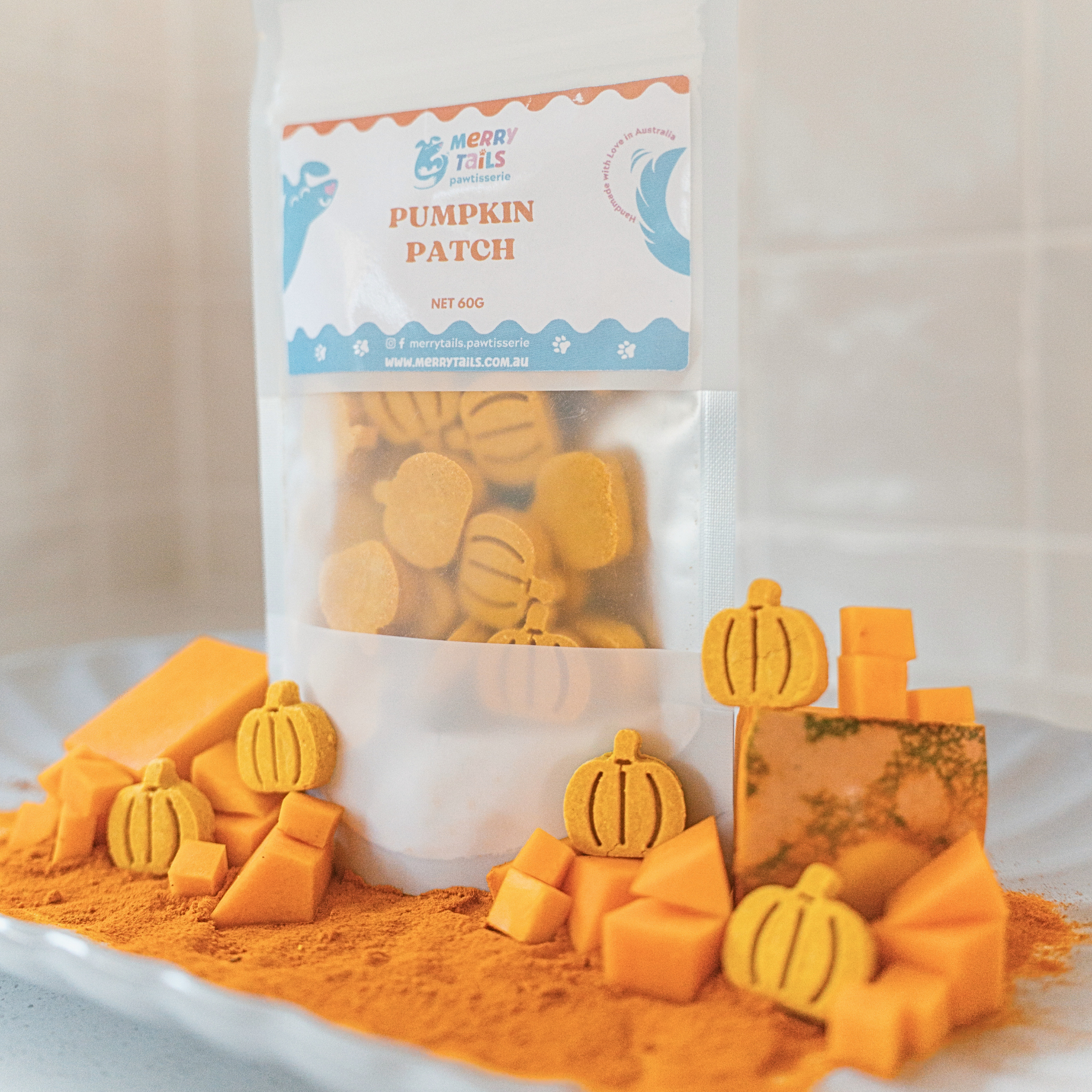 Pumpkin Patch dog biscuits by Merry Tails Pawtisserie made with all-natural ingredients