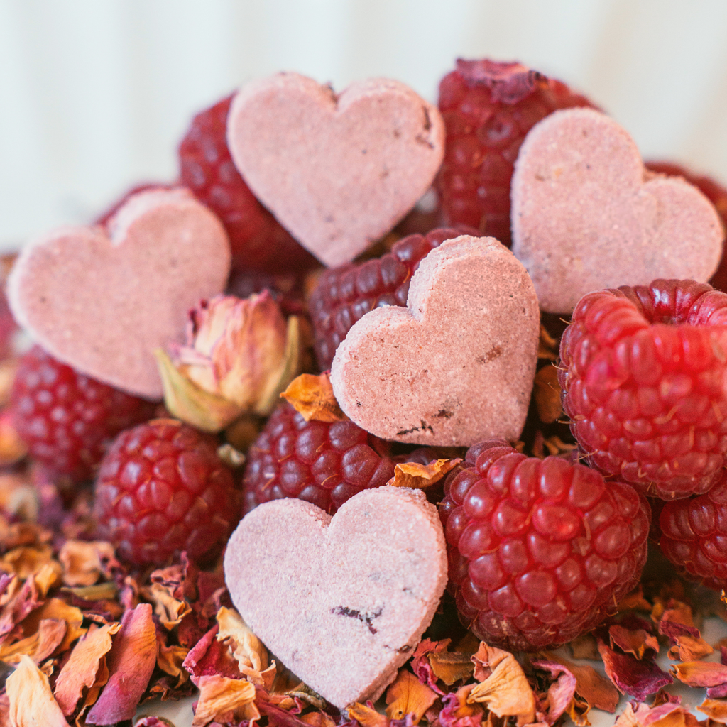 Heart-shaped raspberry and rose dog biscuits by Merry Tails Pawtisserie
