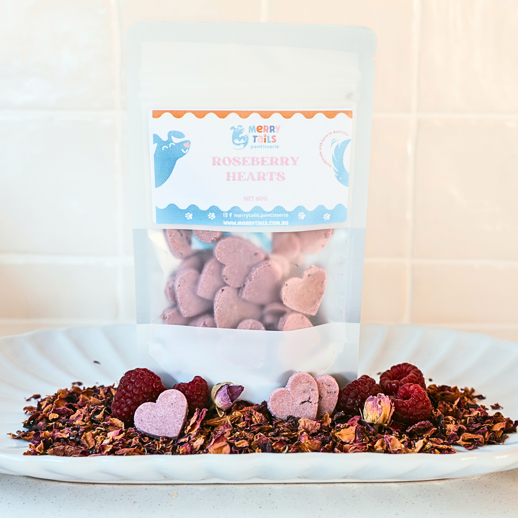 All natural handmade Roseberry Hearts raspberry and rose dog treats in packaging